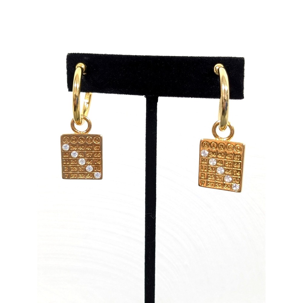Vintage Bingo Card Charm Earrings Gold Tone Crystal Clip On Kitsch